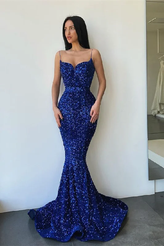 Spaghetti-Straps Royal Blue Mermaid Evening Prom Dresses Sweetheart With Split Sequins Spaghetti-Straps Royal Blue Mermaid Evening Prom Dresses Sweetheart With Split Sequins
