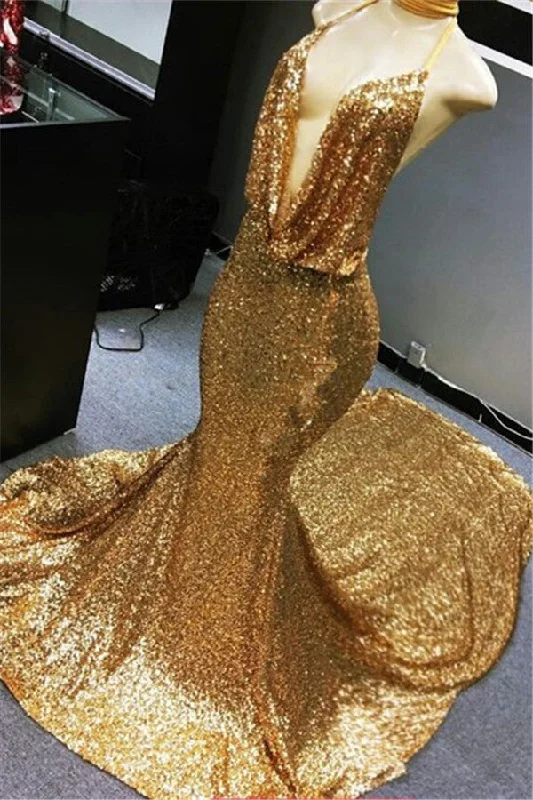 Sexy Deep V-neck Gold Sequins Evening Dress | Mermaid Backless Prom Dress on Mannequins BC1258 Sexy Deep V-neck Gold Sequins Evening Dress | Mermaid Backless Prom Dress on Mannequins BC1258