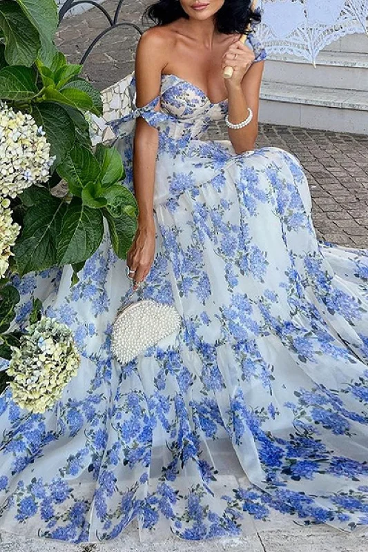 Wjczt  Elegant Formal Print Flowers Bandage Off the Shoulder Princess Dresses