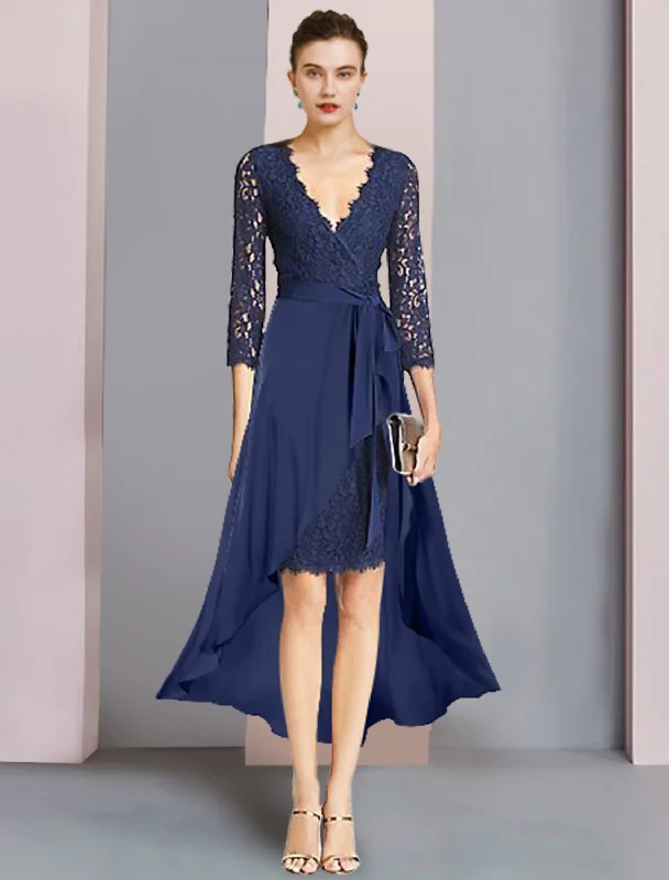 Two Piece Sheath / Column Mother of the Bride Dress Formal Wedding Guest Elegant V Neck Knee Length Chiffon Lace 3/4 Length Sleeve with Bow(s) Two Piece Sheath / Column Mother of the Bride Dress Formal Wedding Guest Elegant V Neck Knee Length Chiffon Lace 3/4 Length Sleeve with Bow(s)