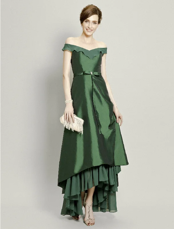 A-Line Mother of the Bride Dress Elegant High Low Off Shoulder Asymmetrical Chiffon Taffeta Short Sleeve with Pick Up Skirt Bow(s) Beading A-Line Mother of the Bride Dress Elegant High Low Off Shoulder Asymmetrical Chiffon Taffeta Short Sleeve with Pick Up Skirt Bow(s) Beading