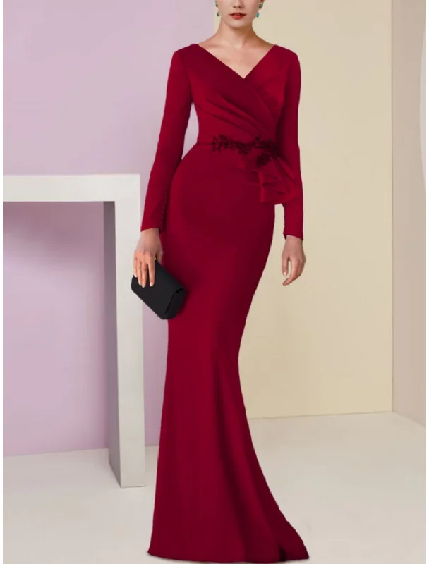 Mermaid / Trumpet Mother of the Bride Dress Wedding Guest Elegant V Neck Sweep / Brush Train Stretch Fabric Long Sleeve with Ruffles Appliques Ruching Mermaid / Trumpet Mother of the Bride Dress Wedding Guest Elegant V Neck Sweep / Brush Train Stretch Fabric Long Sleeve with Ruffles Appliques Ruching