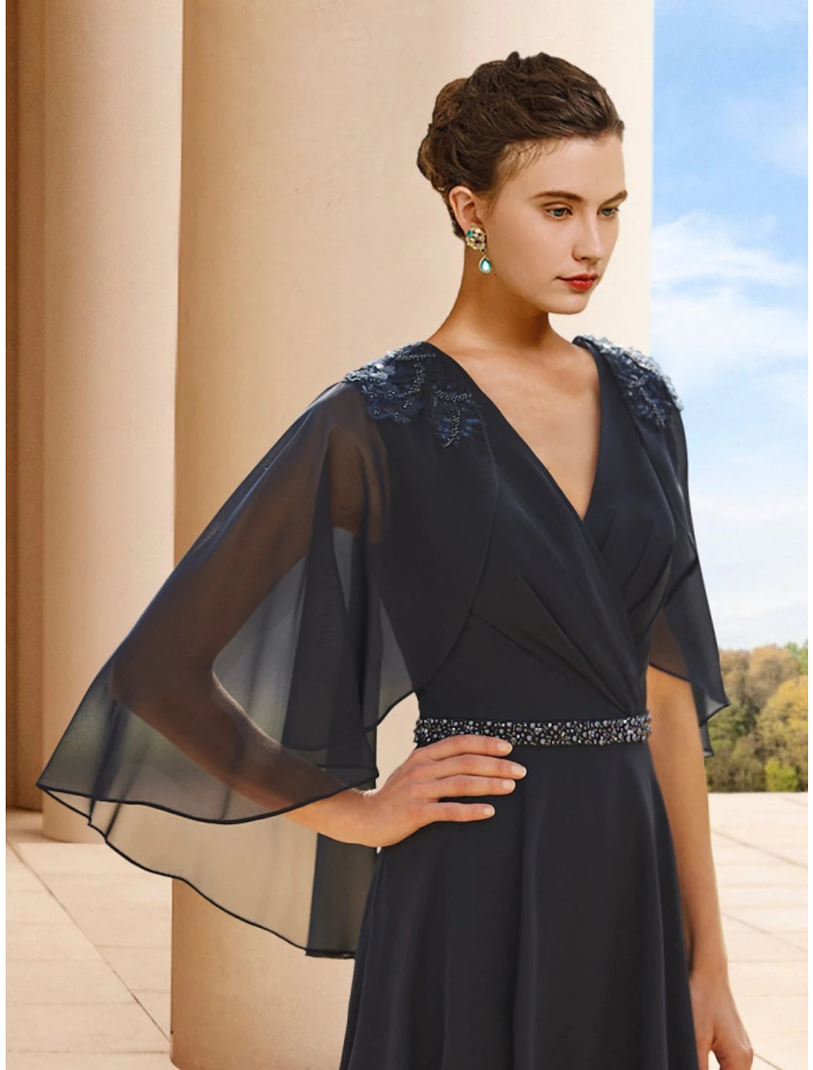 A-Line Mother of the Bride Dress Wedding Guest Elegant Petite V Neck Tea Length Chiffon Half Sleeve with Sequin Ruching A-Line Mother of the Bride Dress Wedding Guest Elegant Petite V Neck Tea Length Chiffon Half Sleeve with Sequin Ruching