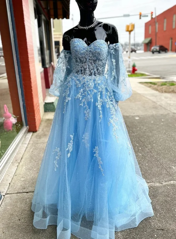 Blue Tulle Long Sleeve Appliques Prom Dress