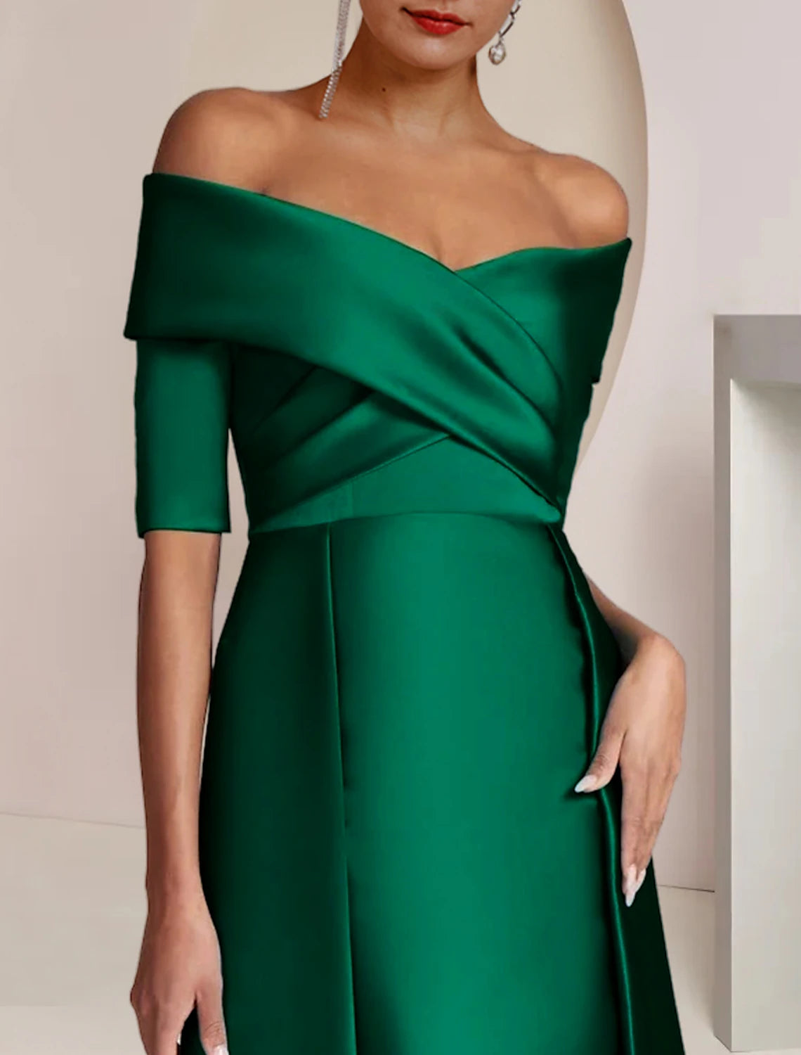 Sheath / Column Mother of the Bride Dress Formal Wedding Guest Party Elegant Formal Party Satin Half Sleeve Off Shoulder Floor Length with Overskirts Ruching Sheath / Column Mother of the Bride Dress Formal Wedding Guest Party Elegant Formal Party Satin Half Sleeve Off Shoulder Floor Length with Overskirts Ruching