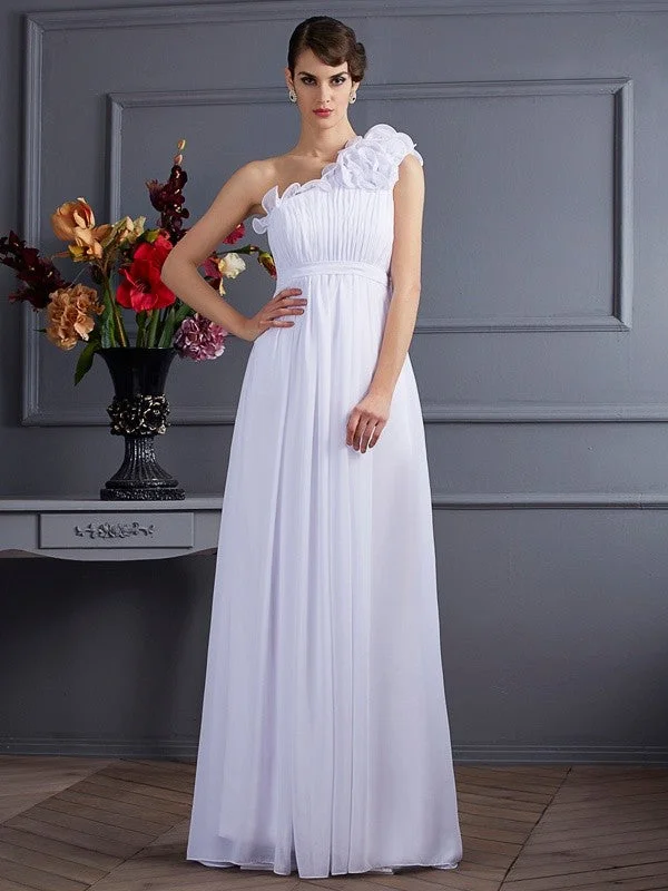A-Line/Princess One-Shoulder Sleeveless Pleats Applique Long Chiffon Dresses