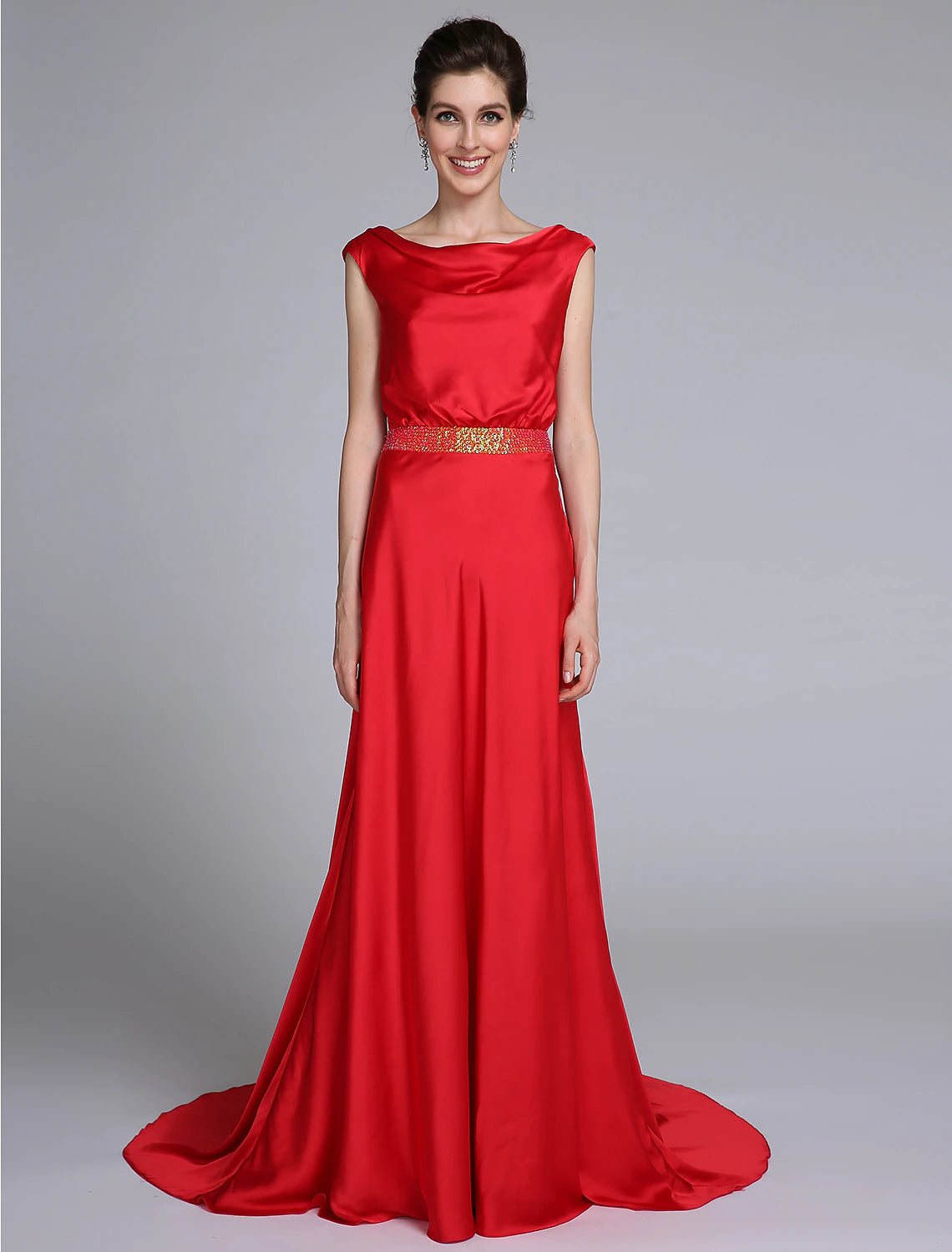 Sheath / Column Mother of the Bride Dress Open Back Cowl Neck Court Train Taffeta Sleeveless No with Beading Sheath / Column Mother of the Bride Dress Open Back Cowl Neck Court Train Taffeta Sleeveless No with Beading