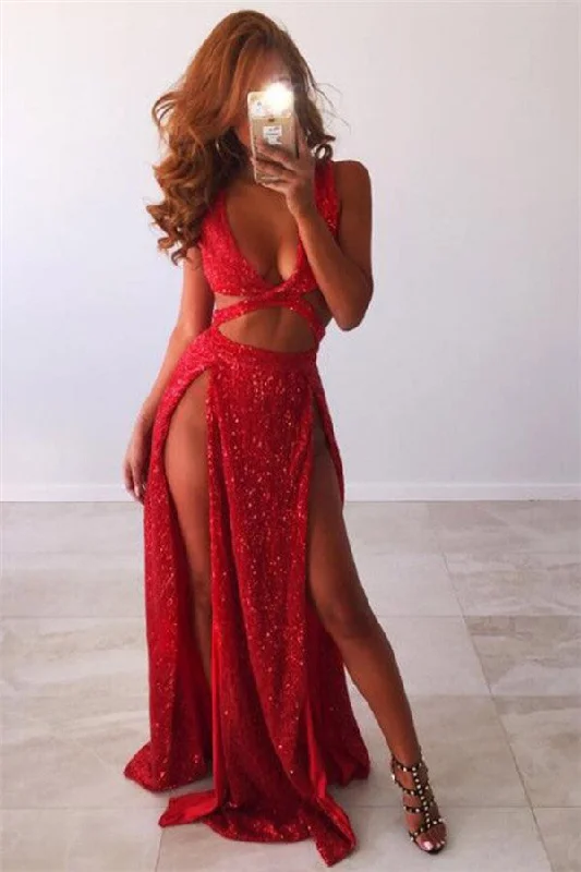 Sexy V-Neck Sleeveless Sequins Long Prom Dresses | Front Split Floor-Length Mermaid Evening Gown BC0905 Sexy V-Neck Sleeveless Sequins Long Prom Dresses | Front Split Floor-Length Mermaid Evening Gown BC0905