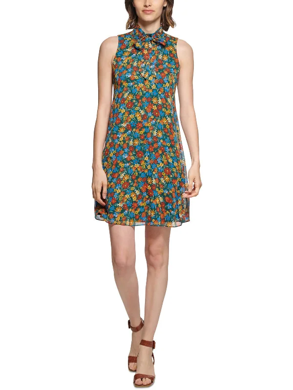 Womens Tie Neck Midi Shift Dress