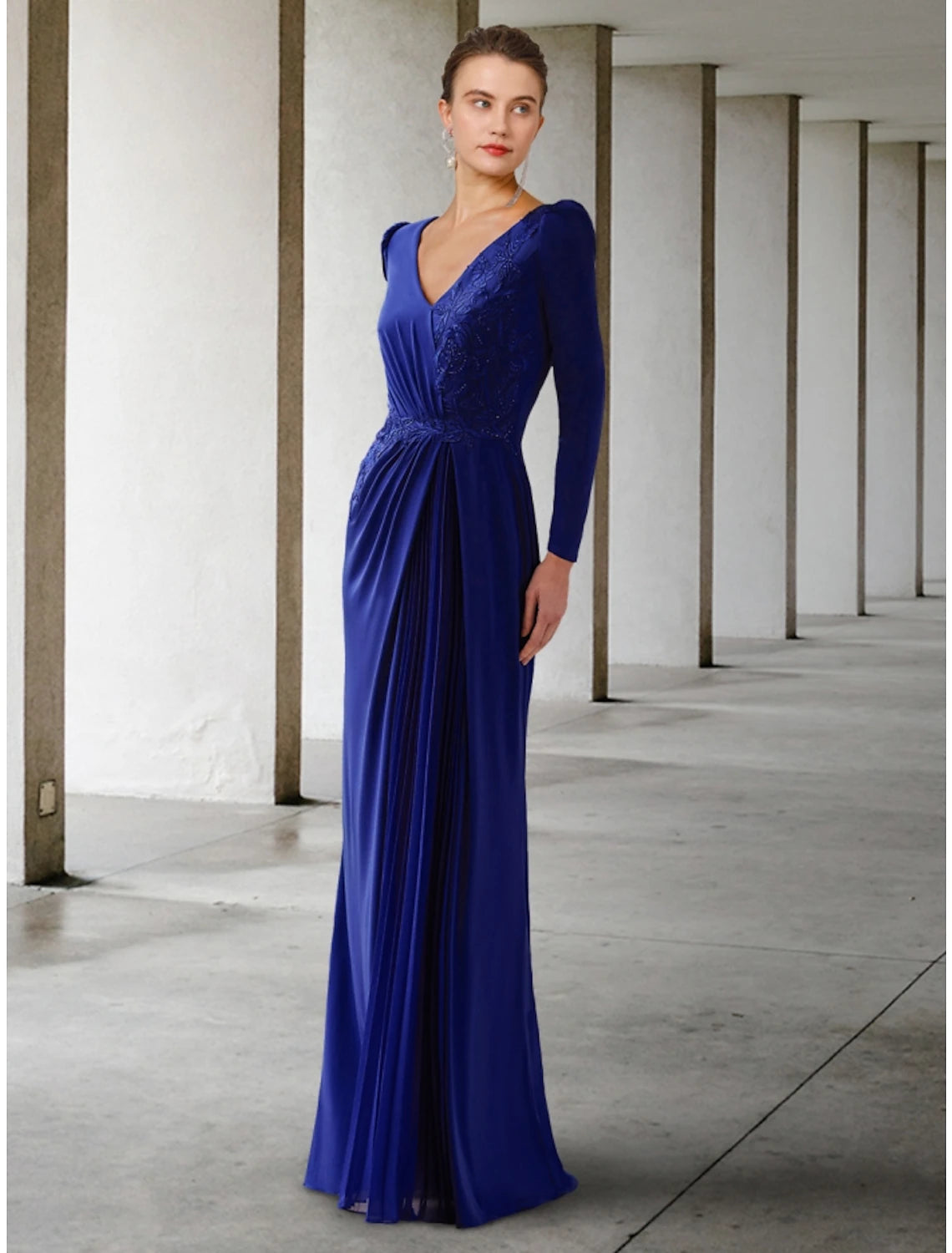 A-Line Mother of the Bride Dress Wedding Guest Elegant V Neck Floor Length Lace Stretch Chiffon Long Sleeve with Ruching Solid Color A-Line Mother of the Bride Dress Wedding Guest Elegant V Neck Floor Length Lace Stretch Chiffon Long Sleeve with Ruching Solid Color