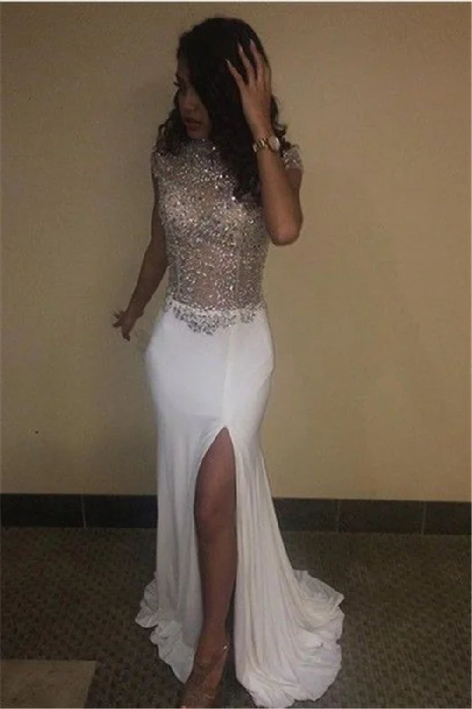 High Neck Beading Sequins Prom Dresses  Cap Sleeves Front Split Evening Gowns BA5088