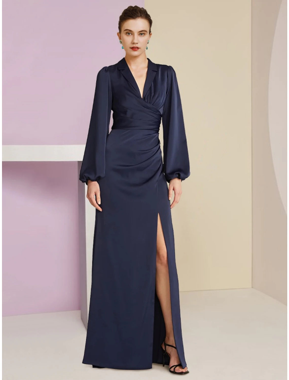 Sheath / Column Mother of the Bride Dress Wedding Guest Elegant V Neck Floor Length Stretch Satin Long Sleeve with Split Front Ruching Sheath / Column Mother of the Bride Dress Wedding Guest Elegant V Neck Floor Length Stretch Satin Long Sleeve with Split Front Ruching