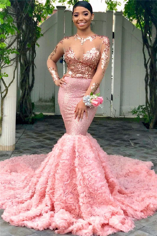 Sheer Tulle Sparkle Sequins Prom Dresses | Pink Mermaid Flowers Sexy Evening Gowns with Sleeves DD0102 BC1052 Sheer Tulle Sparkle Sequins Prom Dresses | Pink Mermaid Flowers Sexy Evening Gowns with Sleeves DD0102 BC1052