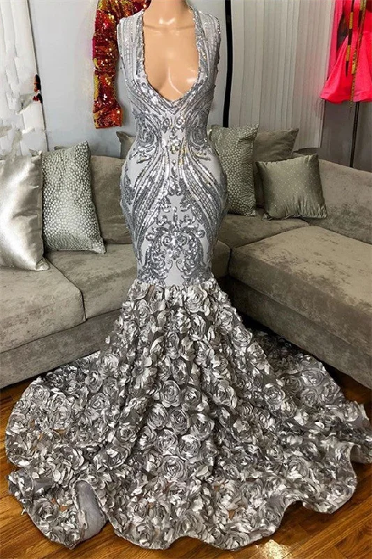 Sparkling Sequins Sliver Flower Prom dresses | Sexy Deep V-neck Mermaid Evening Gowns Sparkling Sequins Sliver Flower Prom dresses | Sexy Deep V-neck Mermaid Evening Gowns