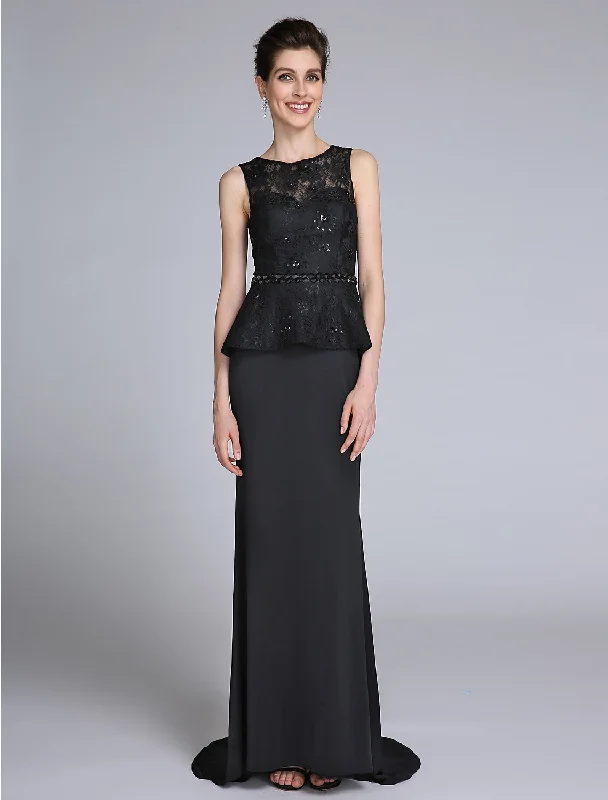 Sheath / Column Mother of the Bride Dress Open Back Jewel Neck Sweep / Brush Train Chiffon Lace Sleeveless No with Lace Sash / Ribbon Sequin Sheath / Column Mother of the Bride Dress Open Back Jewel Neck Sweep / Brush Train Chiffon Lace Sleeveless No with Lace Sash / Ribbon Sequin