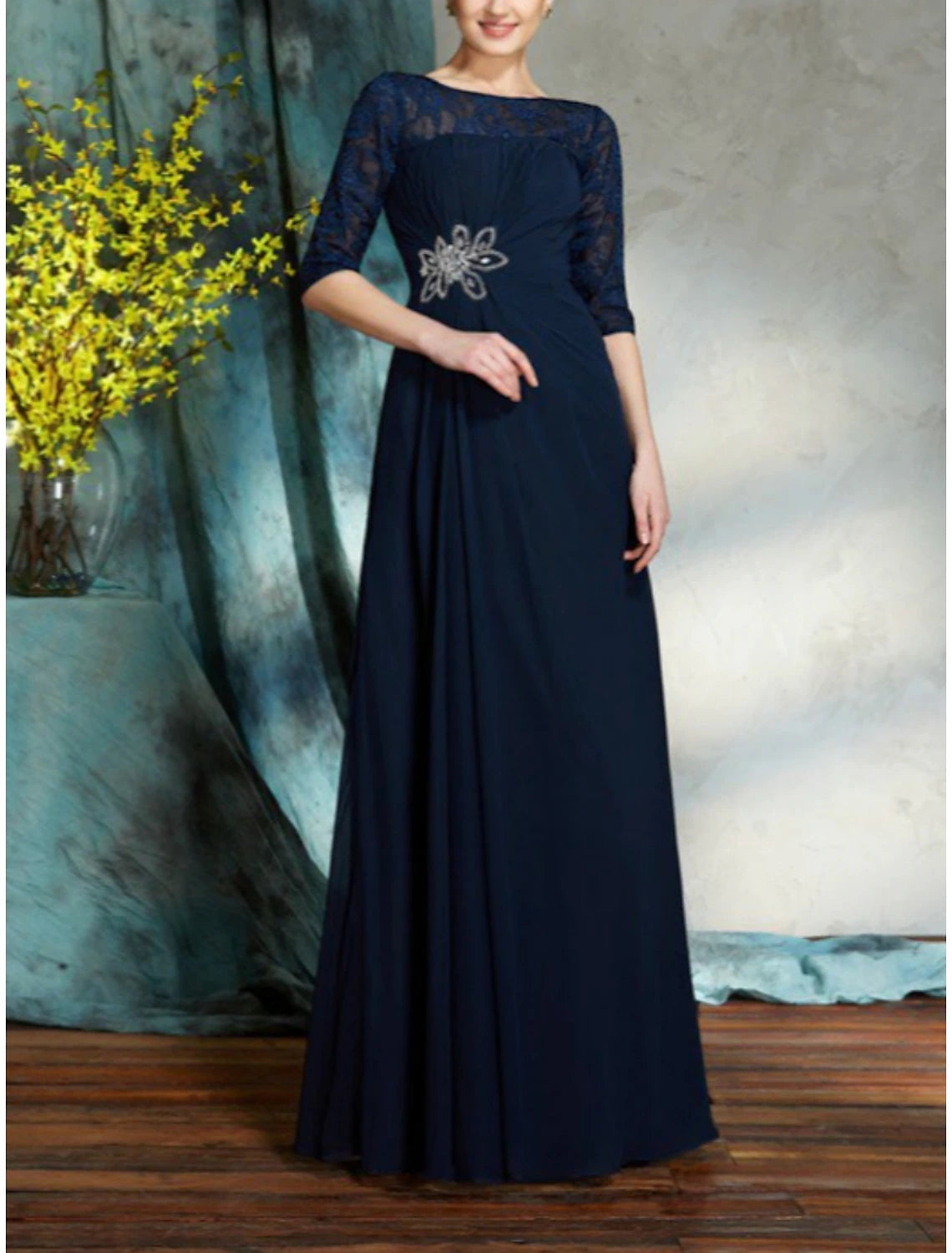 A-Line Mother of the Bride Dress Wedding Guest Elegant Scoop Neck Floor Length Chiffon Half Sleeve with Lace Crystals Ruching A-Line Mother of the Bride Dress Wedding Guest Elegant Scoop Neck Floor Length Chiffon Half Sleeve with Lace Crystals Ruching