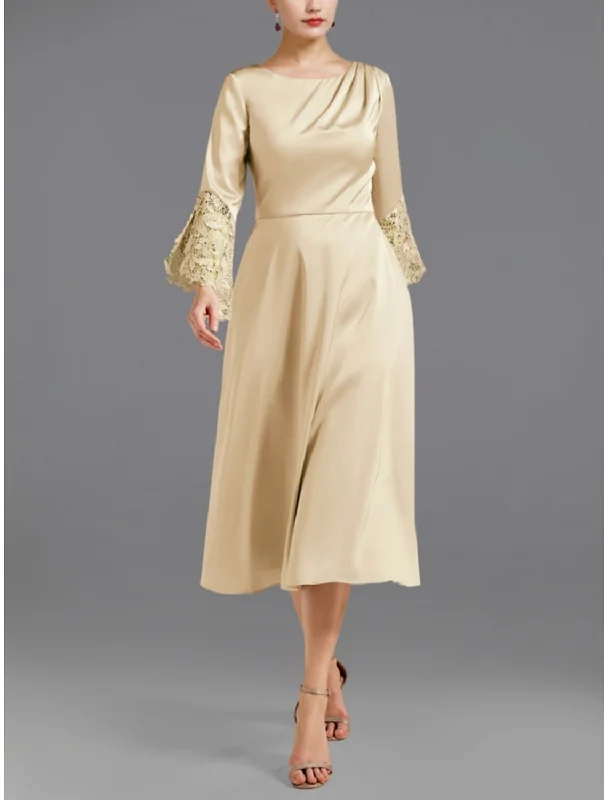 A-Line Mother of the Bride Dress Wedding Guest Elegant Petite Scoop Neck Tea Length Satin Long Sleeve with Lace Ruching A-Line Mother of the Bride Dress Wedding Guest Elegant Petite Scoop Neck Tea Length Satin Long Sleeve with Lace Ruching
