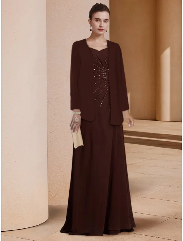 Sheath / Column Mother of the Bride Dress Wedding Guest Elegant Scoop Neck Floor Length Stretch Chiffon Long Sleeve with Sequin Ruching Sheath / Column Mother of the Bride Dress Wedding Guest Elegant Scoop Neck Floor Length Stretch Chiffon Long Sleeve with Sequin Ruching