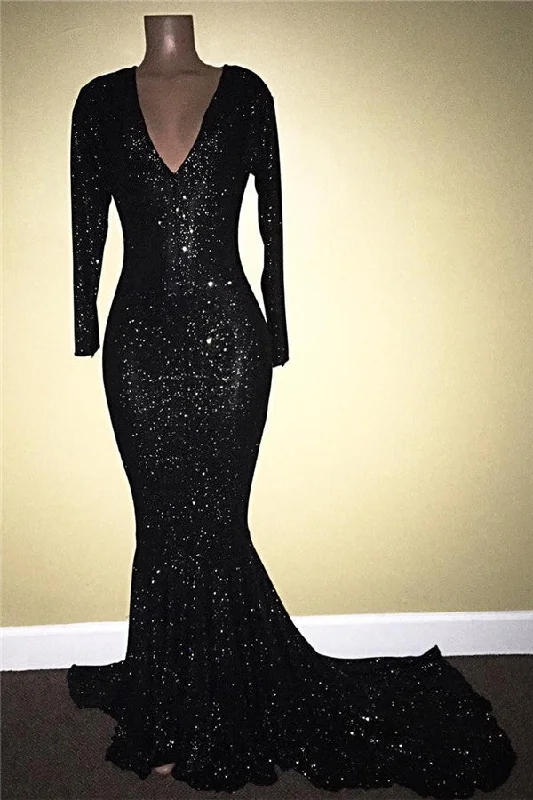 Long Sleeve Black Sequins Prom Dress Sheath V-neck Long Sleeve Shiny Evening Gown with Long Train BA7811 Long Sleeve Black Sequins Prom Dress Sheath V-neck Long Sleeve Shiny Evening Gown with Long Train BA7811