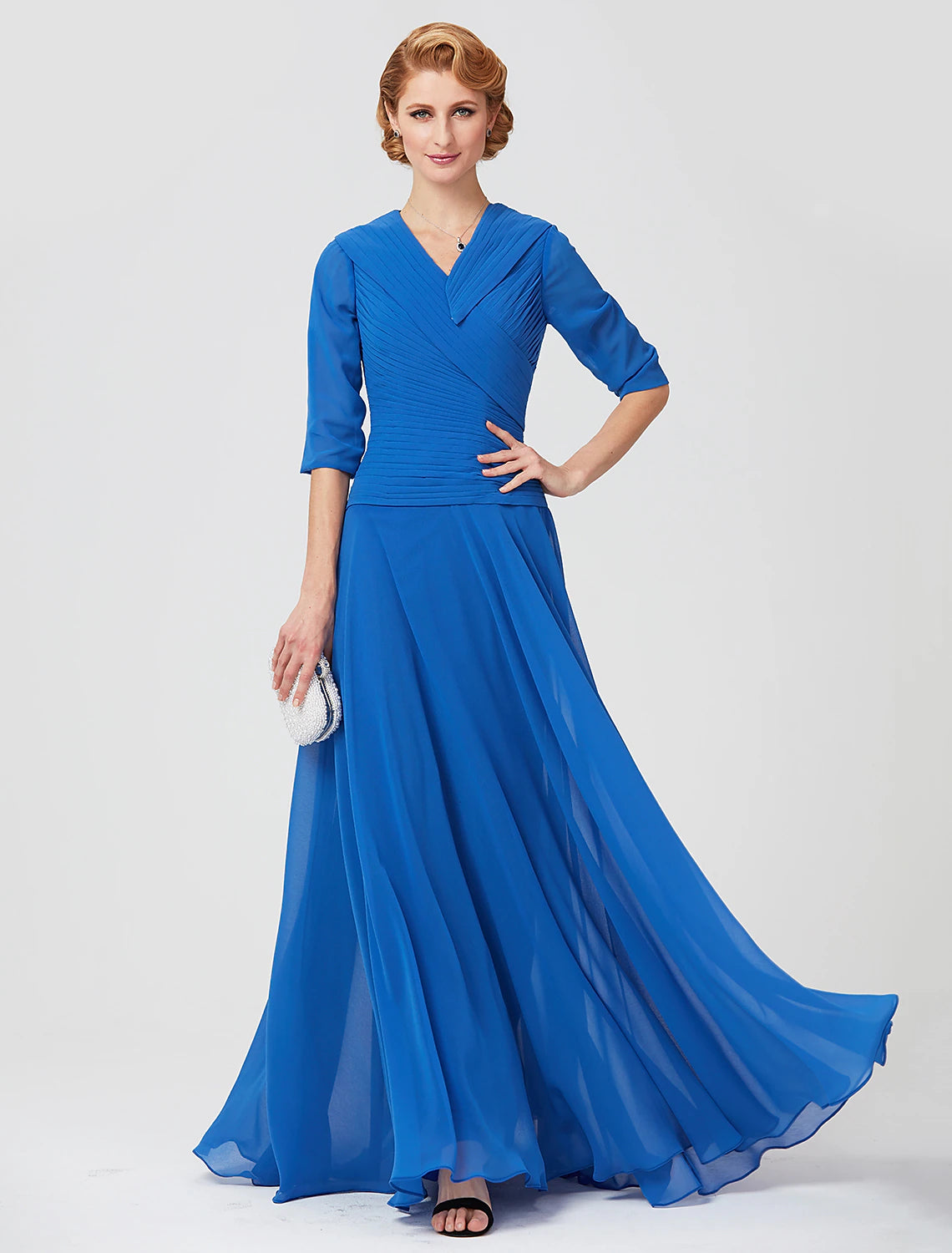 Sheath / Column Mother of the Bride Dress Formal Elegant V Neck Ankle Length Jersey Half Sleeve No with Ruched Side Draping Sheath / Column Mother of the Bride Dress Formal Elegant V Neck Ankle Length Jersey Half Sleeve No with Ruched Side Draping