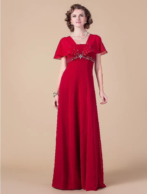 Sheath / Column Mother of the Bride Dress Elegant Square Neck Floor Length Chiffon Short Sleeve No with Beading Sheath / Column Mother of the Bride Dress Elegant Square Neck Floor Length Chiffon Short Sleeve No with Beading