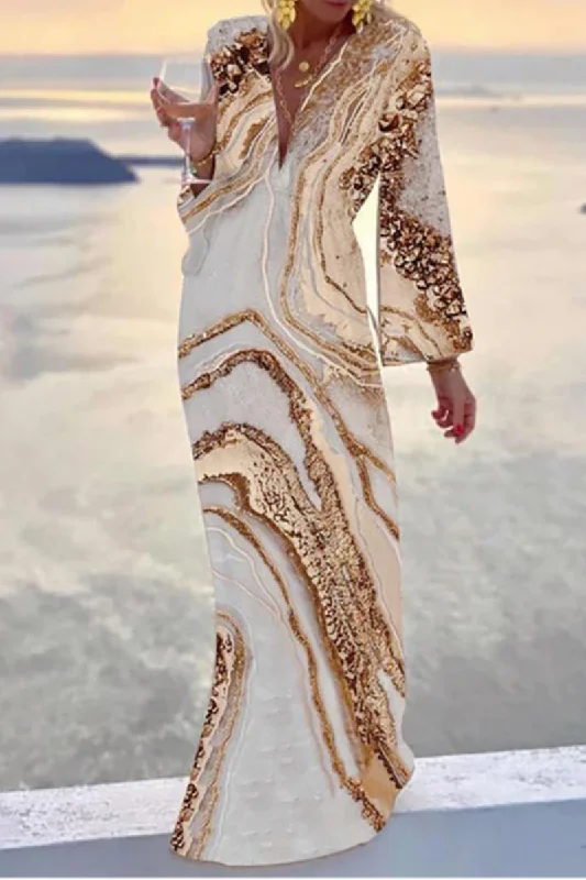 Wjczt  Casual Print Patchwork V Neck Trumpet Mermaid Dresses