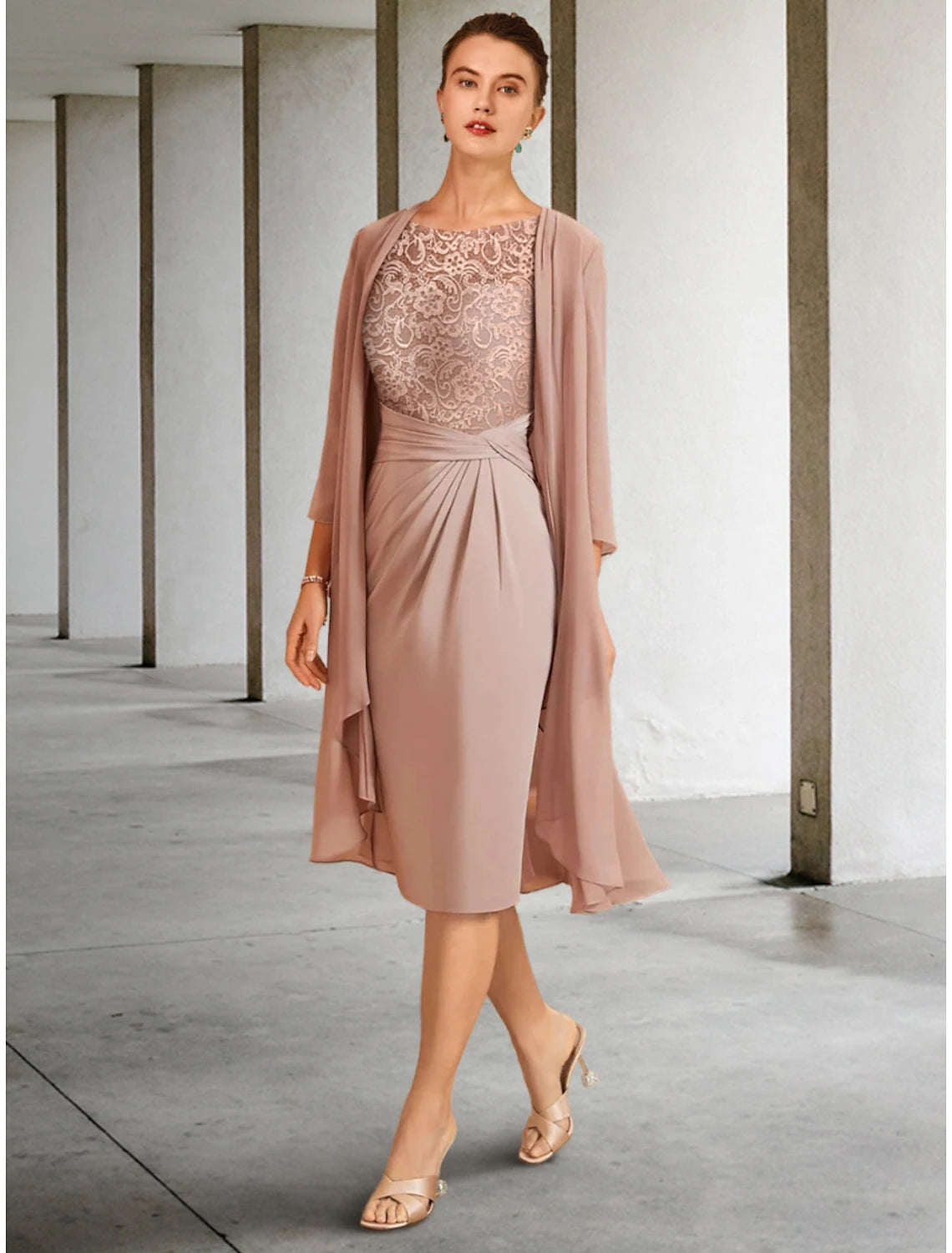 A-Line Mother of the Bride Dress Wedding Guest Elegant Petite Scoop Neck Knee Length Chiffon 3/4 Length Sleeve with Lace Ruching Solid Color A-Line Mother of the Bride Dress Wedding Guest Elegant Petite Scoop Neck Knee Length Chiffon 3/4 Length Sleeve with Lace Ruching Solid Color