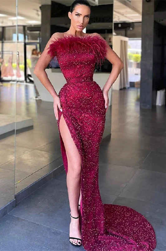 Burgundy Strapless Mermaid Evening Prom Dresses Slit With Sequins Beads Feather
