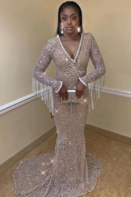 Sparkling Sequins Long Sleeve Prom Dresses | V-neck Tassels Sheath Silver Formal Evening Gowns Sparkling Sequins Long Sleeve Prom Dresses | V-neck Tassels Sheath Silver Formal Evening Gowns