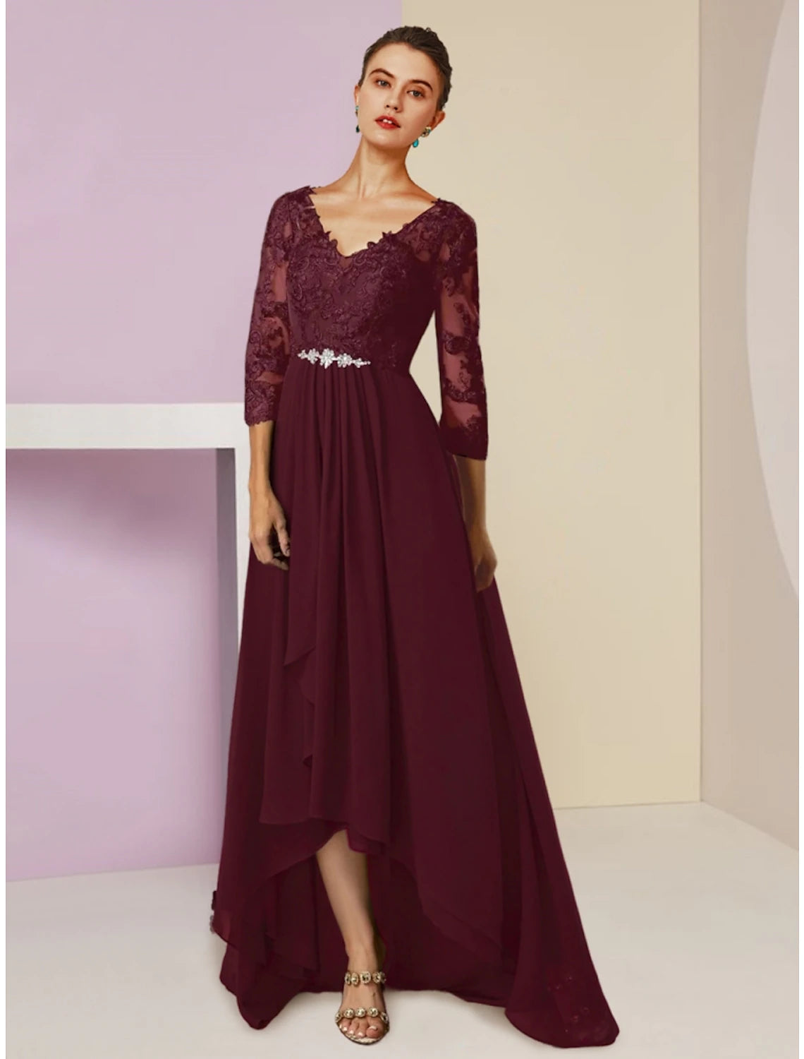 A-Line Mother of the Bride Dress Wedding Guest Vintage Elegant V Neck Asymmetrical Chiffon 3/4 Length Sleeve with Crystal Brooch Ruching A-Line Mother of the Bride Dress Wedding Guest Vintage Elegant V Neck Asymmetrical Chiffon 3/4 Length Sleeve with Crystal Brooch Ruching