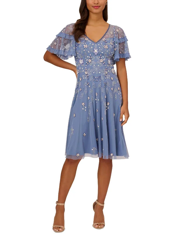 Womens Ruffle Trim Mesh Evening Dress