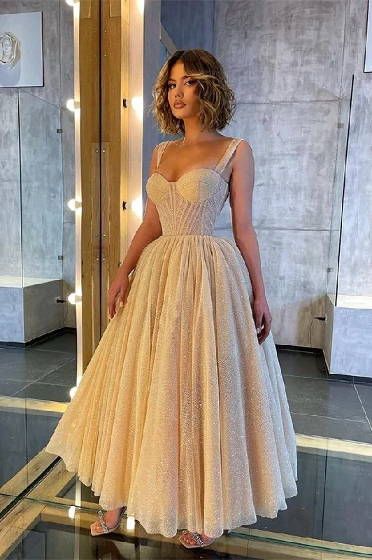 Shinning Straps Sweetheart Evening Prom Dresses Sequins Midi Length Sleeveless