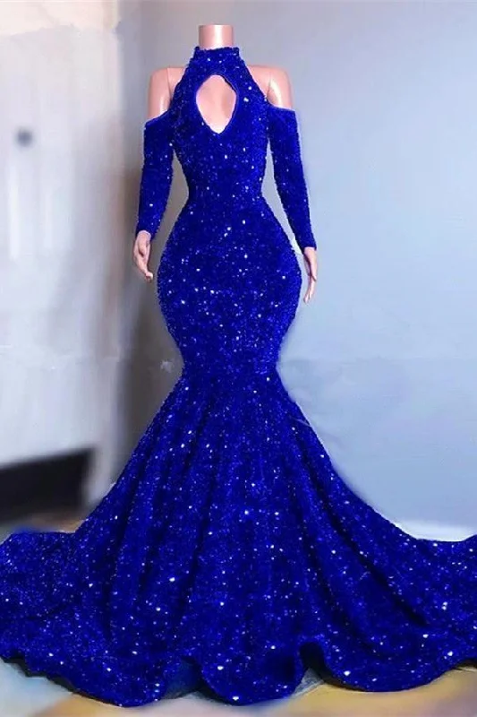 New Arrival Royal Blue Long Sleeves Evening Prom Dresses Mermaid Long With Sequins