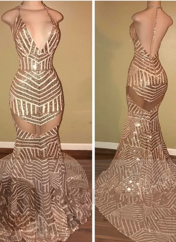 Sequins Mermaid Halter-Neck Sheer Backless Prom Dresses  BA5117