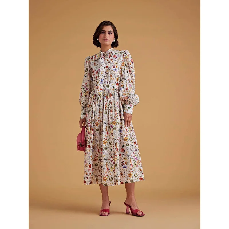 Medha Batra Standard Tie Collar Calf Length Dress Placket Till Waist, Puff Balloon Sleeves