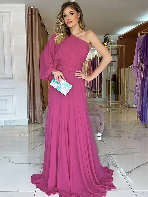 A-Line/Princess Chiffon Ruched One-Shoulder Long Sleeves Sweep/Brush Train Mother of the Bride Dresses A-Line/Princess Chiffon Ruched One-Shoulder Long Sleeves Sweep/Brush Train Mother of the Bride Dresses