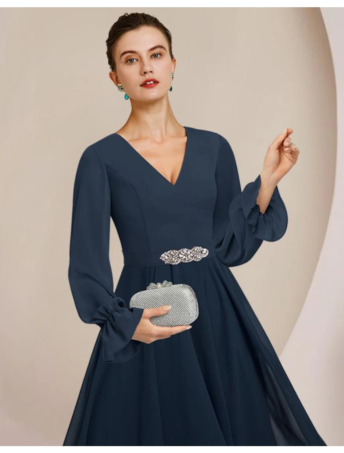 A-Line Mother of the Bride Dress Formal Wedding Guest Elegant High Low Scoop Neck V Neck Asymmetrical Tea Length Chiffon Long Sleeve with Crystal Brooch A-Line Mother of the Bride Dress Formal Wedding Guest Elegant High Low Scoop Neck V Neck Asymmetrical Tea Length Chiffon Long Sleeve with Crystal Brooch
