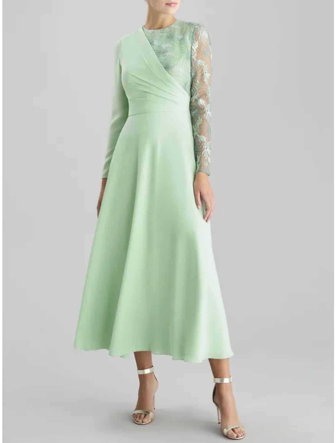 A-Line Mother of the Bride Dress Wedding Guest Party Elegant Jewel Neck Tea Length Satin Lace Long Sleeve with Ruching Solid Color A-Line Mother of the Bride Dress Wedding Guest Party Elegant Jewel Neck Tea Length Satin Lace Long Sleeve with Ruching Solid Color