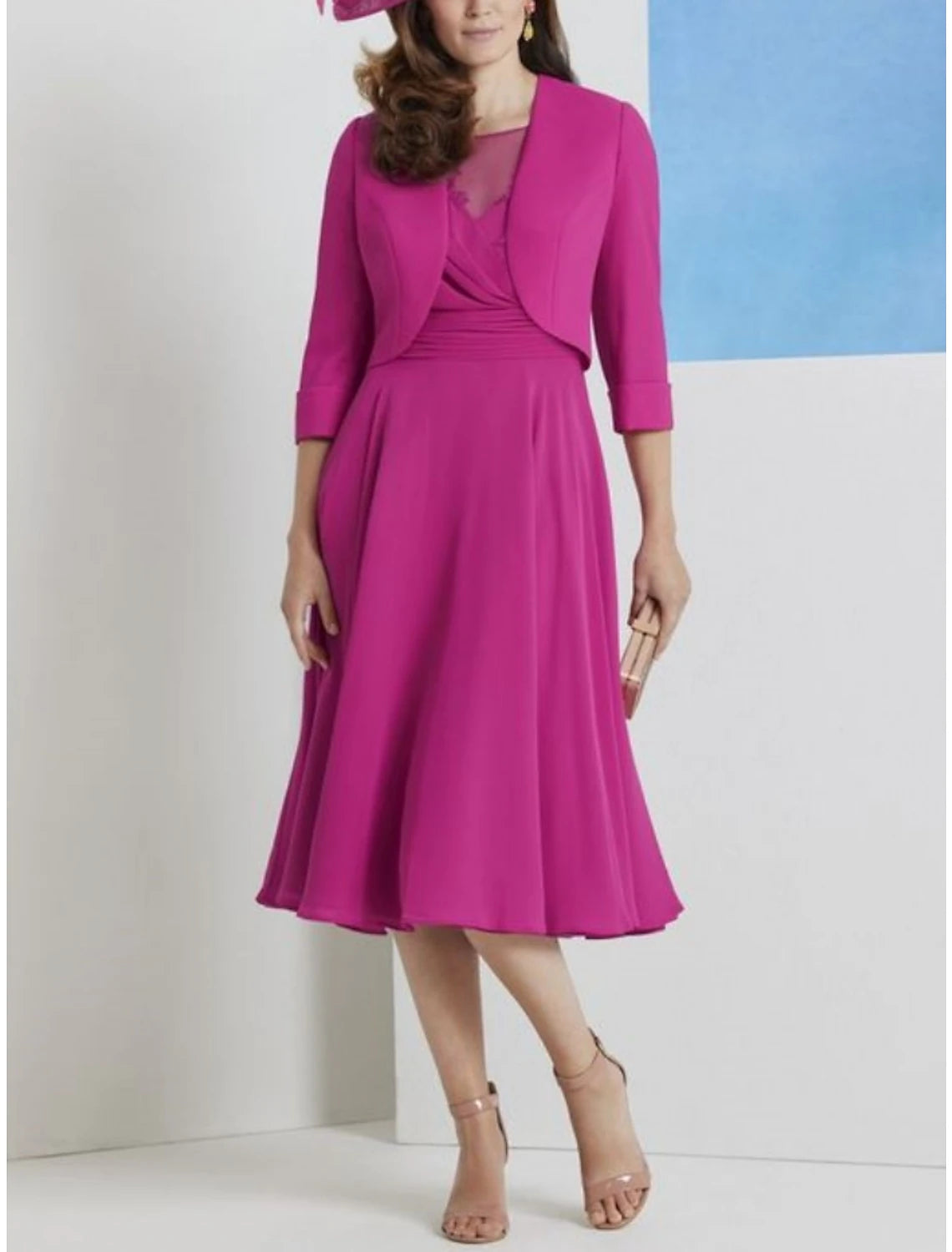 A-Line Mother of the Bride Dress Wedding Guest Elegant Petite Illusion Neck Knee Length Chiffon Lace Half Sleeve with Ruching Solid Color A-Line Mother of the Bride Dress Wedding Guest Elegant Petite Illusion Neck Knee Length Chiffon Lace Half Sleeve with Ruching Solid Color