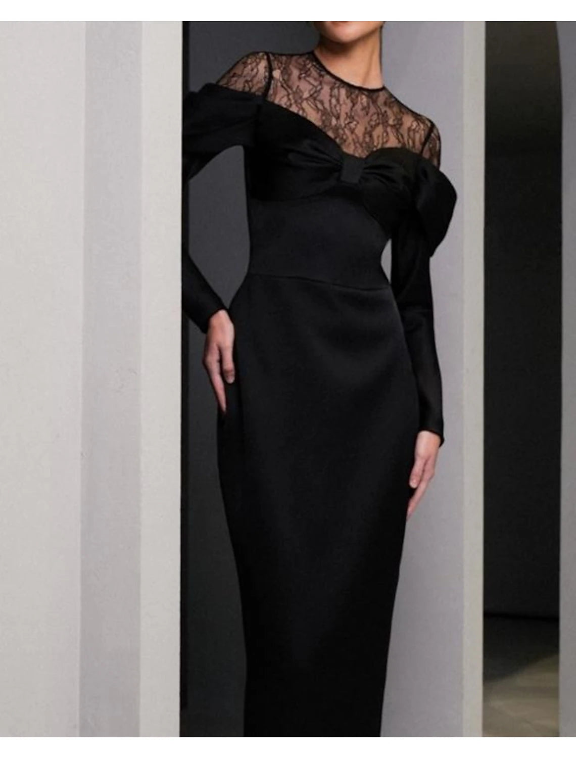 Sheath / Column Mother of the Bride Dress Formal Wedding Guest Party Elegant Scoop Neck Floor Length Satin Lace Long Sleeve with Bow(s) Sheath / Column Mother of the Bride Dress Formal Wedding Guest Party Elegant Scoop Neck Floor Length Satin Lace Long Sleeve with Bow(s)