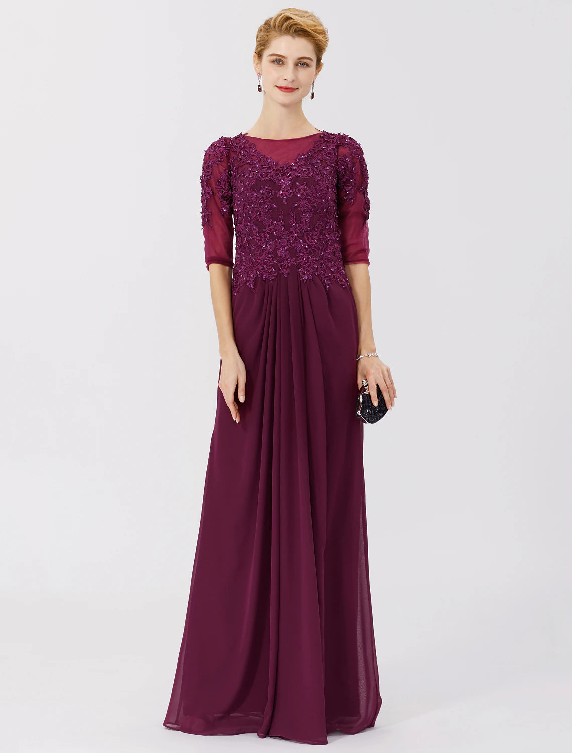 Sheath / Column Mother of the Bride Dress Formal Classic & Timeless Elegant & Luxurious See Through Illusion Neck Floor Length Chiffon Beaded Lace 3/4 Length Sleeve No with Pleats Beading Sheath / Column Mother of the Bride Dress Formal Classic & Timeless Elegant & Luxurious See Through Illusion Neck Floor Length Chiffon Beaded Lace 3/4 Length Sleeve No with Pleats Beading