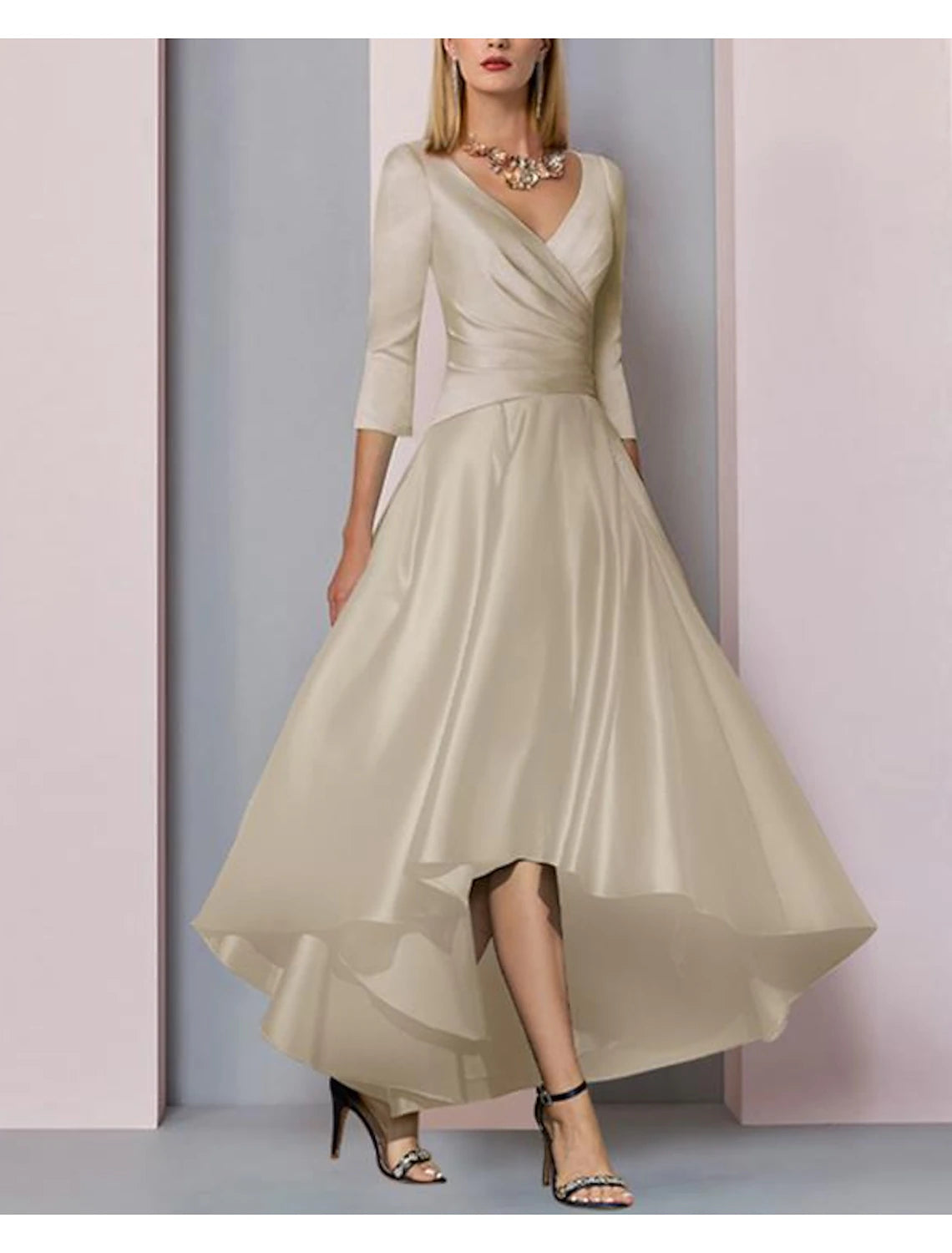 A-Line Mother of the Bride Dress Wedding Guest Elegant High Low V Neck Asymmetrical Ankle Length Satin Half Sleeve with Pleats Side-Draped A-Line Mother of the Bride Dress Wedding Guest Elegant High Low V Neck Asymmetrical Ankle Length Satin Half Sleeve with Pleats Side-Draped