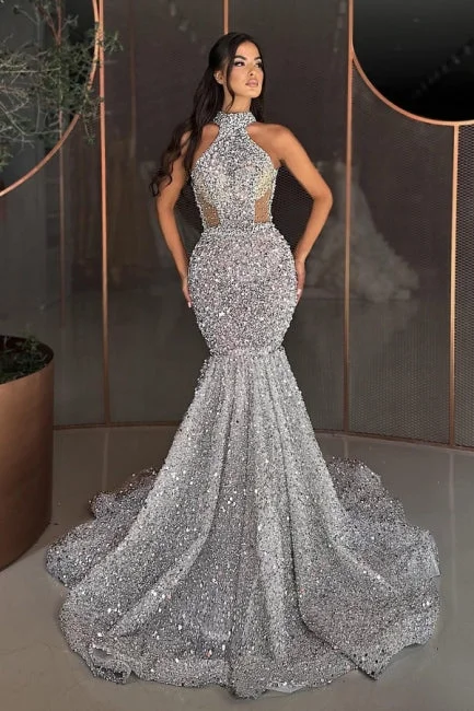 Noble High Neck Sleeveless Mermaid Sequins prom Dresses Rhinestones