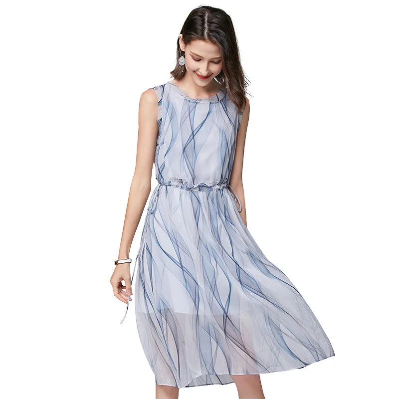 Wjczt 2022 new women's middle school long sleeveless fungus edge waist drawstring stripe elegant Fairy Dress Wjczt 2022 new women's middle school long sleeveless fungus edge waist drawstring stripe elegant Fairy Dress