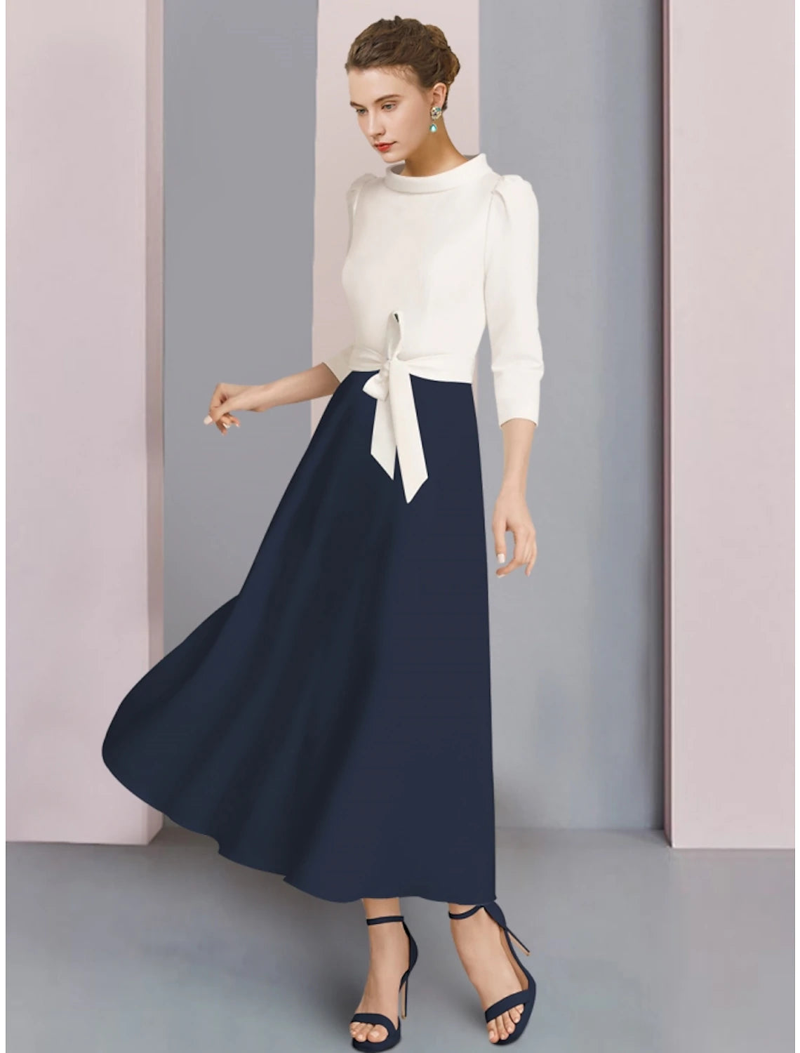 A-Line Mother of the Bride Dress Wedding Guest Elegant Scoop Neck Ankle Length Stretch Fabric 3/4 Length Sleeve with Bow(s) Ruching A-Line Mother of the Bride Dress Wedding Guest Elegant Scoop Neck Ankle Length Stretch Fabric 3/4 Length Sleeve with Bow(s) Ruching