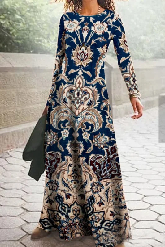 Wjczt  Casual Vintage Print O Neck Printed Dresses(16 Colors)