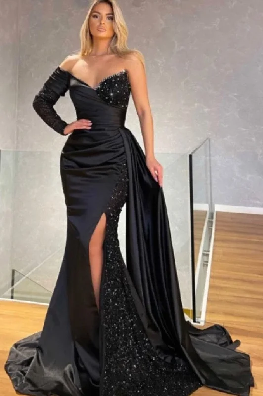 Black Sequins One Shoulder Sweetheart Long Sleeve Floor-length Split Front Mermaid Prom Dresses with Train Black Sequins One Shoulder Sweetheart Long Sleeve Floor-length Split Front Mermaid Prom Dresses with Train
