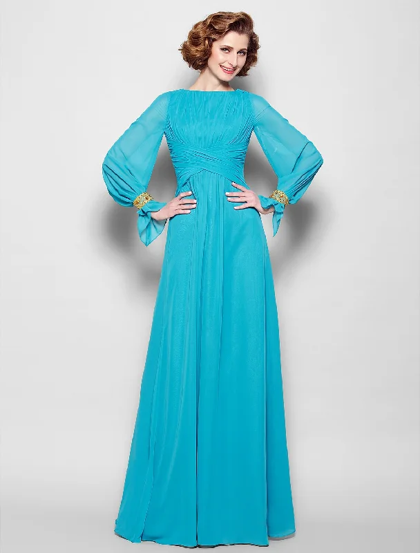 A-Line Mother of the Bride Dress Vintage Inspired Bateau Neck Floor Length Chiffon Long Sleeve No with Pleats A-Line Mother of the Bride Dress Vintage Inspired Bateau Neck Floor Length Chiffon Long Sleeve No with Pleats
