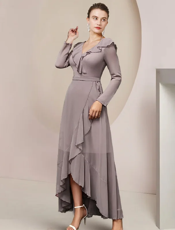 A-Line Mother of the Bride Dress Wedding Guest Elegant V Neck Asymmetrical Ankle Length Chiffon Long Sleeve with Ruffles Solid Color A-Line Mother of the Bride Dress Wedding Guest Elegant V Neck Asymmetrical Ankle Length Chiffon Long Sleeve with Ruffles Solid Color