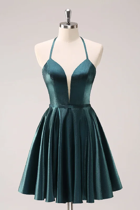 A-Line Peacock Green Halter Short Homecoming Dress with Lace Up Back